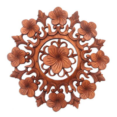 Wood relief panel, 'Frangipani Garland' - Handmade Floral Relief Panel