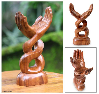 Wood statuette, 'Wishing Hands' - Handmade Wood Sculpture