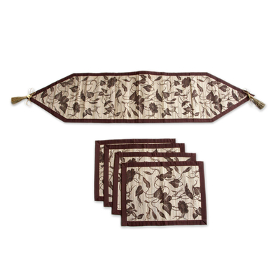 Natural fiber table runner and placemats set, 'Bali Flora' (set of 4) - Handmade Floral Table Runner and Placemats (Set for 4)