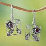 Garnet flower earrings, 'Bali Daisy' - Hand Made Garnet and Sterling Silver Dangle Earrings