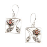 Garnet flower earrings, 'Bali Daisy' - Hand Made Garnet and Sterling Silver Dangle Earrings