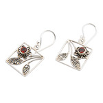 Garnet flower earrings, 'Bali Daisy' - Hand Made Garnet and Sterling Silver Dangle Earrings