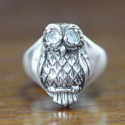 Blue topaz cocktail ring, 'Java Owl' - Artisan Crafted Sterling Silver and Blue Topaz Ring