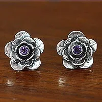 Amethyst flower earrings, 'Camellia' - Handmade Floral Sterling Silver and Amethyst Button Earrings