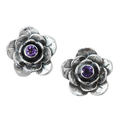 Amethyst flower earrings, 'Camellia' - Handmade Floral Sterling Silver and Amethyst Button Earrings