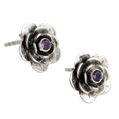 Amethyst flower earrings, 'Camellia' - Handmade Floral Sterling Silver and Amethyst Button Earrings