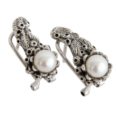 Pearl drop earrings, 'Coral Reef' - Handmade Pearl and Silver Drop Earrings