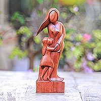 Escultura de madera, 'Madre e hija' - Escultura familiar de madera artesanal