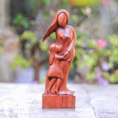 Wood sculpture, 'Mother and Daughter' - Artisan Crafted Wood Family Sculpture