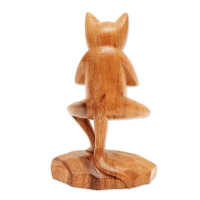 Wood sculpture, 'Vrkasana Yoga Kitty' - Handcrafted Indonesian Wood Cat Sculpture