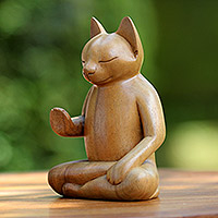 Wood sculpture, 'Blessing Cat' - Original Wood Sculpture from Indonesia