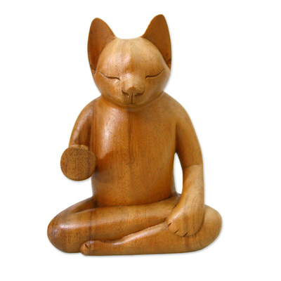 Wood sculpture, 'Blessing Cat' - Original Wood Sculpture from Indonesia