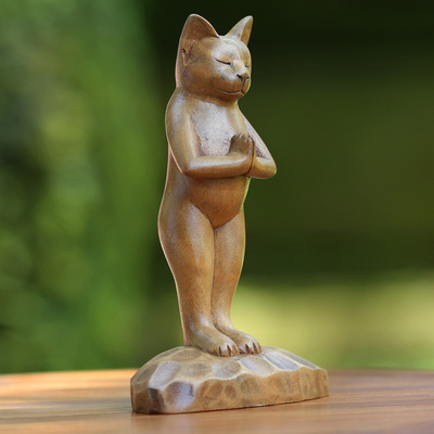 Wood sculpture, 'Cat Gives Thanks' - Hand Crafted Wood Sculpture