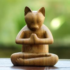 Carved Suar Wood Sculpture, “Mindful Cat”