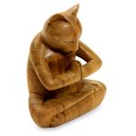 Wood sculpture, 'Mindful Cat' - Carved Suar Wood Sculpture