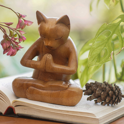Escultura en madera, 'Gato Consciente' - Escultura en Madera de Suar Tallada