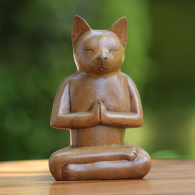 Wood Cat Sculpture Statuette Yoga Hand Carved /'Deep Meditation/' NOVICA Bali