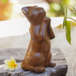 Wood sculpture, 'Wishing Cat' - Handcrafted Prayer Sculpture