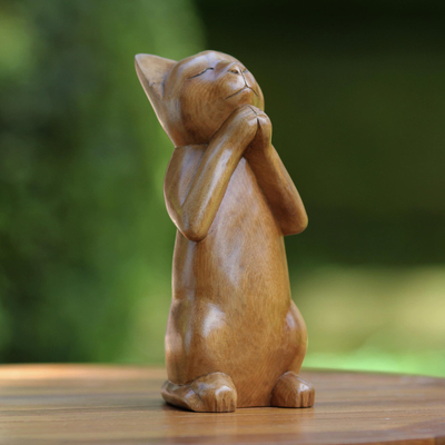 Wood sculpture, 'Wishing Cat' - Handcrafted Prayer Sculpture