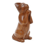 Wood sculpture, 'Wishing Cat' - Handcrafted Prayer Sculpture