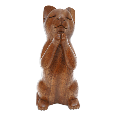Wood sculpture, 'Wishing Cat' - Handcrafted Prayer Sculpture