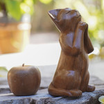 Wood sculpture, 'Wishing Cat' - Handcrafted Prayer Sculpture