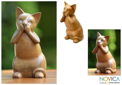 Wood sculpture, 'Speak No Evil Cat' - Suar Wood Sculpture