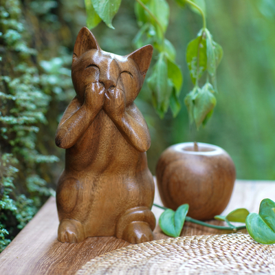 Wood sculpture, 'Speak No Evil Cat' - Suar Wood Sculpture