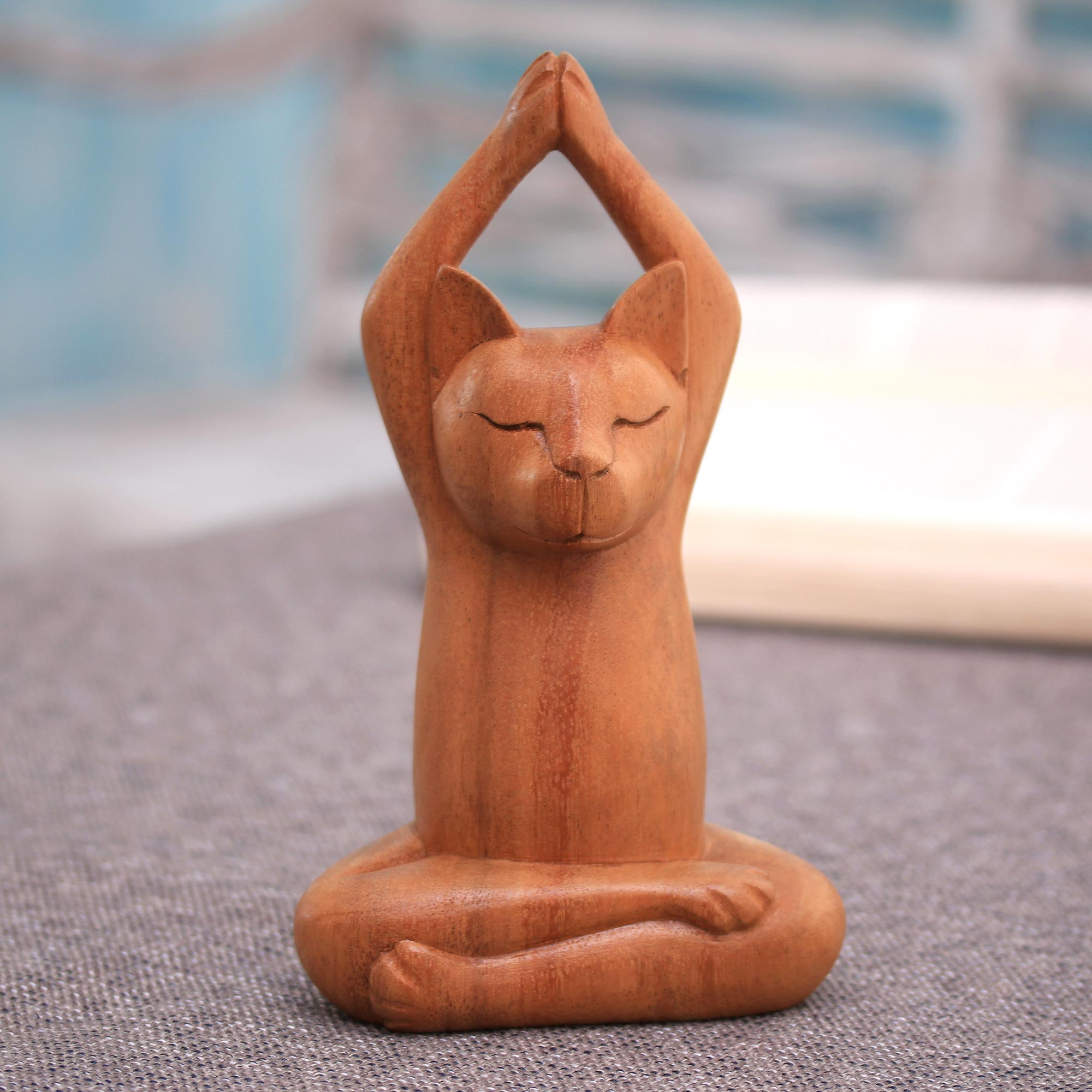 Hand Crafted Wood Sculpture from Indonesia - Toward the Sky Brown Yoga Cat