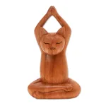 Wood sculpture, 'Toward the Sky Brown Yoga Cat' - Hand Crafted Wood Sculpture from Indonesia