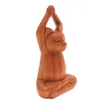 Wood sculpture, 'Toward the Sky Brown Yoga Cat' - Hand Crafted Wood Sculpture from Indonesia