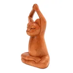 Wood sculpture, 'Toward the Sky Brown Yoga Cat' - Hand Crafted Wood Sculpture from Indonesia