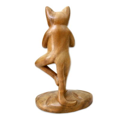 Wood sculpture, 'Tree Pose Yoga Cat' - Original Wood Statuette 