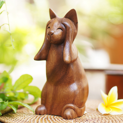 Wood Animal Sculpture - Hear No Evil Cat | NOVICA