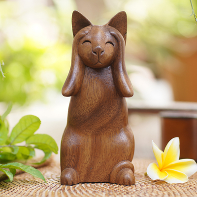Wood sculpture, 'Hear No Evil Cat' - Wood Animal Sculpture