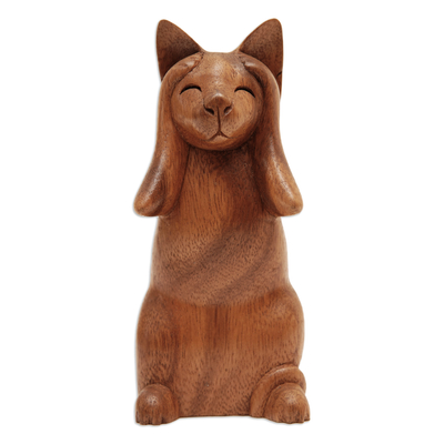 Wood sculpture, 'Hear No Evil Cat' - Wood Animal Sculpture