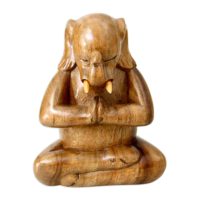 Wood sculpture, 'Sitting Ganesha' - Handcrafted Wood Hindu Sculpture