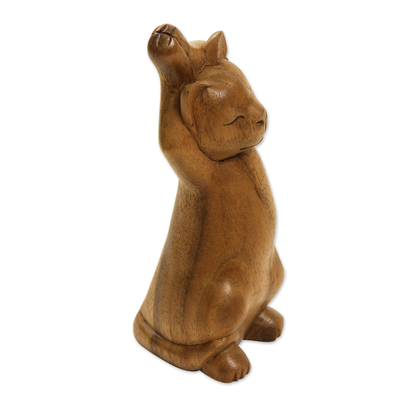 Wood sculpture, 'Kitty Cat Stretch' - Handcrafted Wood Cat Sculpture
