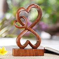 Wood sculpture, 'Love Blossoms' - Handmade Heart Shaped Wood Sculpture