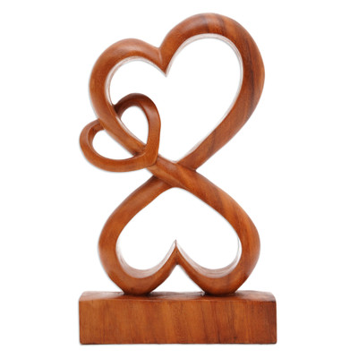 Wood sculpture, 'Love Blossoms' - Handmade Heart Shaped Wood Sculpture