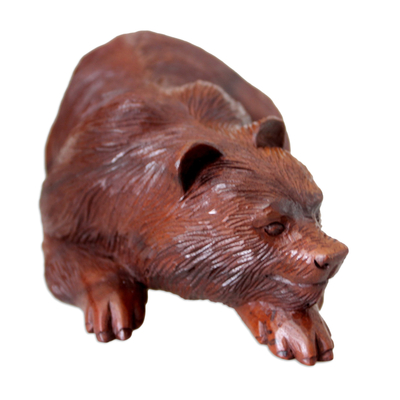 Wood sculpture, 'Brown Bear' - Hand Crafted Animal Sculpture