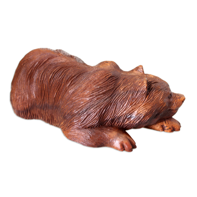Wood sculpture, 'Brown Bear' - Hand Crafted Animal Sculpture