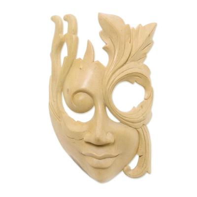 Wood mask, 'Blossoming Woman' - Modern Hibiscus Wood Mask