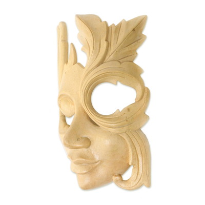 Máscara de madera, 'Mujer floreciente' - Máscara de madera de hibisco moderna