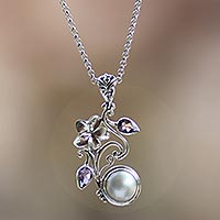 Cultured pearl and amethyst flower necklace, 'Bali Garden' - Pearl and Sterling Silver Necklace with Amethyst Accents