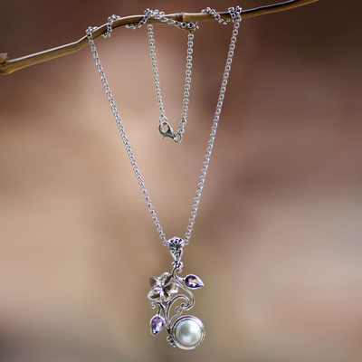 Collar de perlas cultivadas y flores de amatista - Collar con colgante floral de plata de ley con amatista y perla
