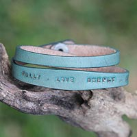 Leather wrap bracelet, 'Live Fully in Green' - Fair Trade Inspirational Leather Wrap Bracelet
