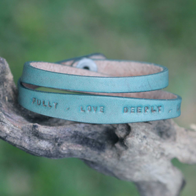 Leather wrap bracelet, 'Live Fully in Green' - Fair Trade Inspirational Leather Wrap Bracelet