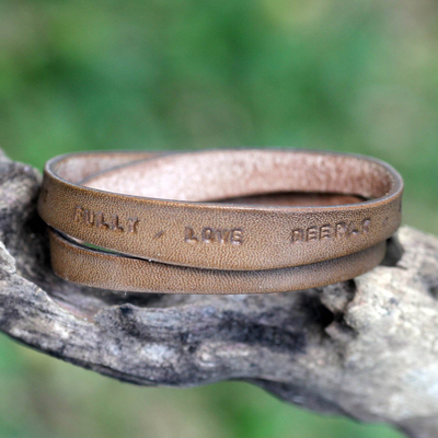 Leather wrap bracelet, 'Live Fully in Brown' - Unique Inspirational Leather Wrap Bracelet