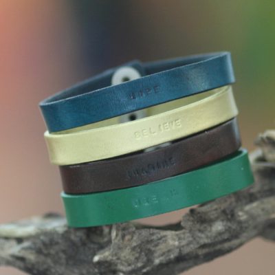Leather wristband bracelets, 'Hope, Believe, Imagine and Dream' (set of 4) - Handcrafted Leather Wristband Bracelets (Set of 4)